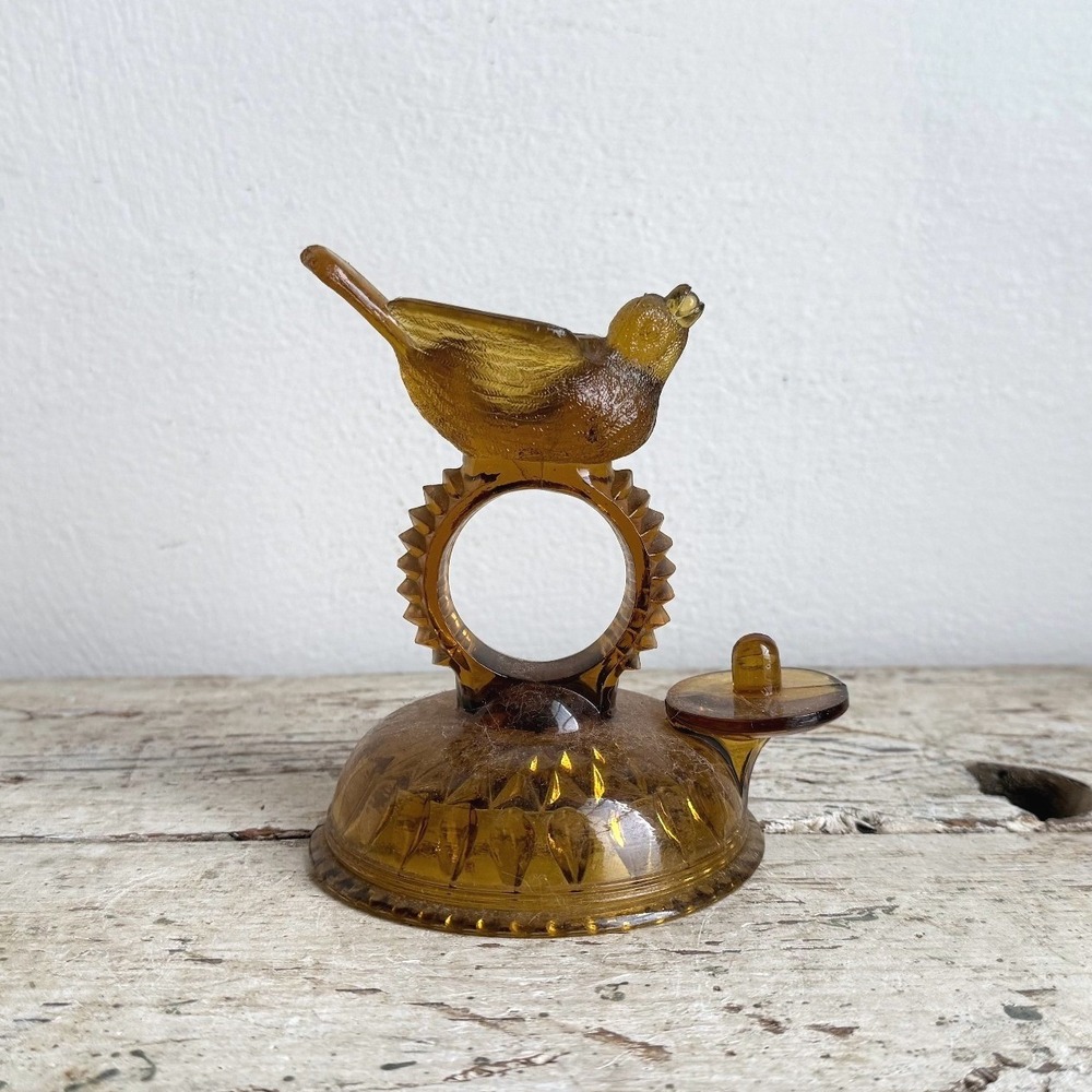 Vintage Amber Glass Bird Ring Holder Trinket Dish Pedestal Starburst 5.5"